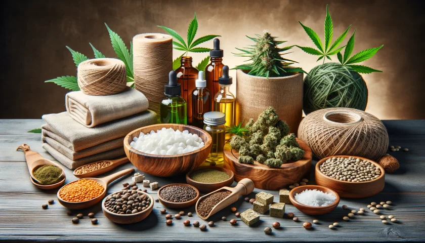 A variety of hemp-derived products arranged on a table. Include CBD oils, hemp proteins, hemp textiles, and construction materials like hempcrete. The